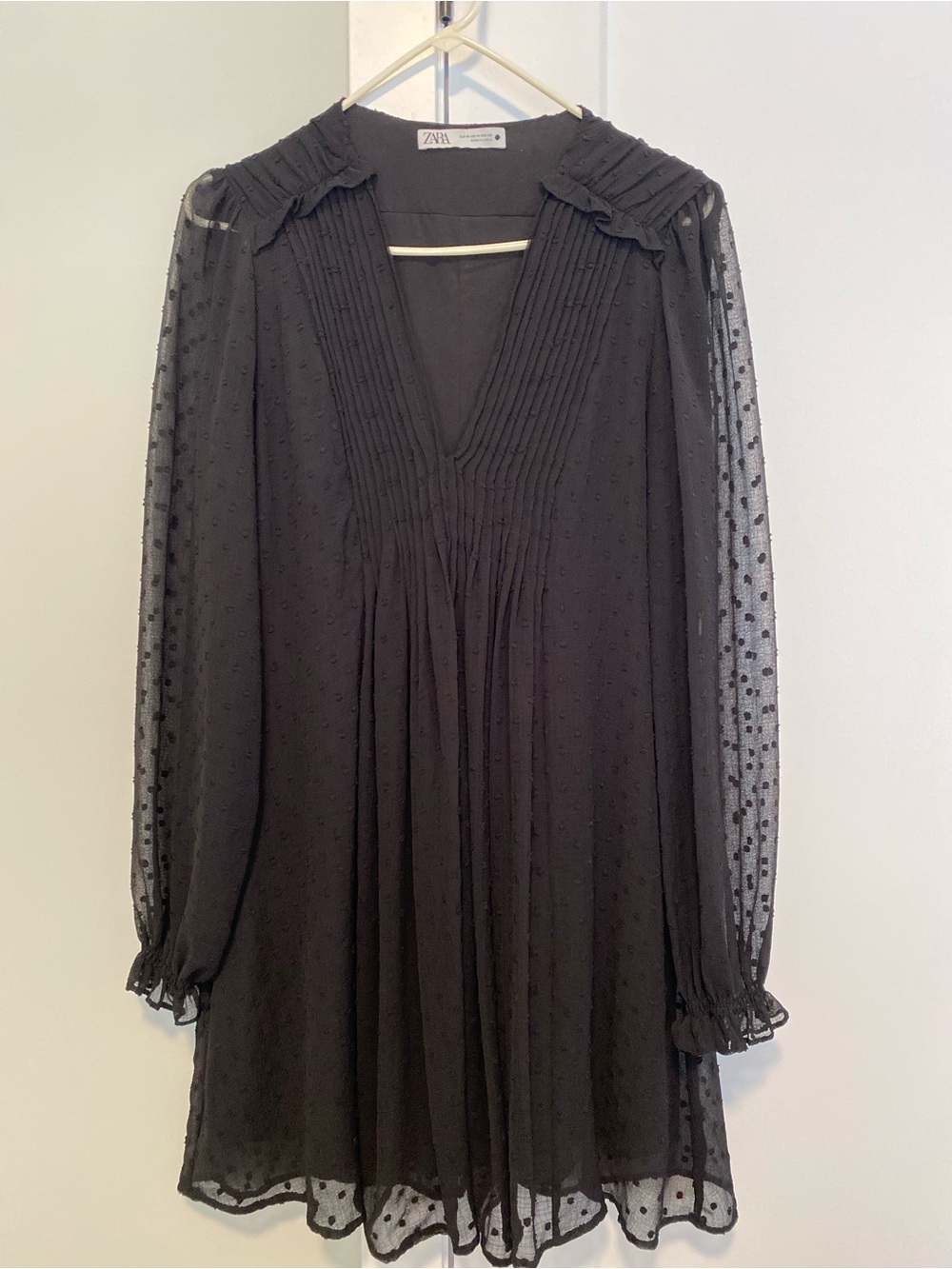 Zara Black Swiss-Dot Long Sleeve V-Neck Shift Dress